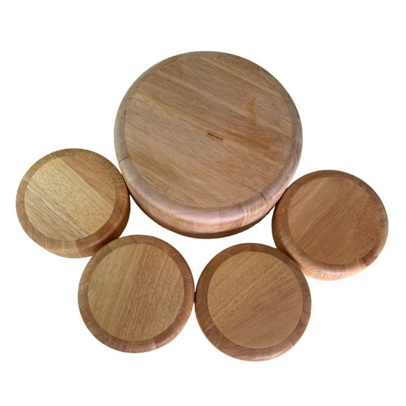 Vintage Teak Wood Salad Bowl Serving Set Made in Thailand 5 pc Set 1960's MCM - Picture 4 of 9